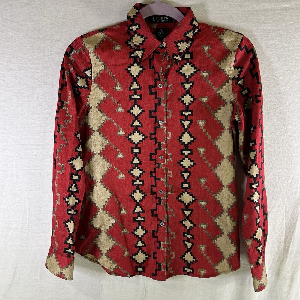 Lauren Ralph Lauren Button Shirt Womens Petite S Red Tan Aztec Southwest Cotton - Picture 2 of 6